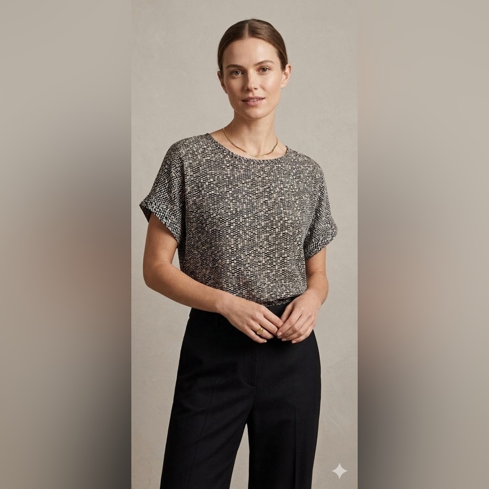 Vince 100% Silk Geometric Block Print Blouse Black Cream Quiet Luxury | Size L